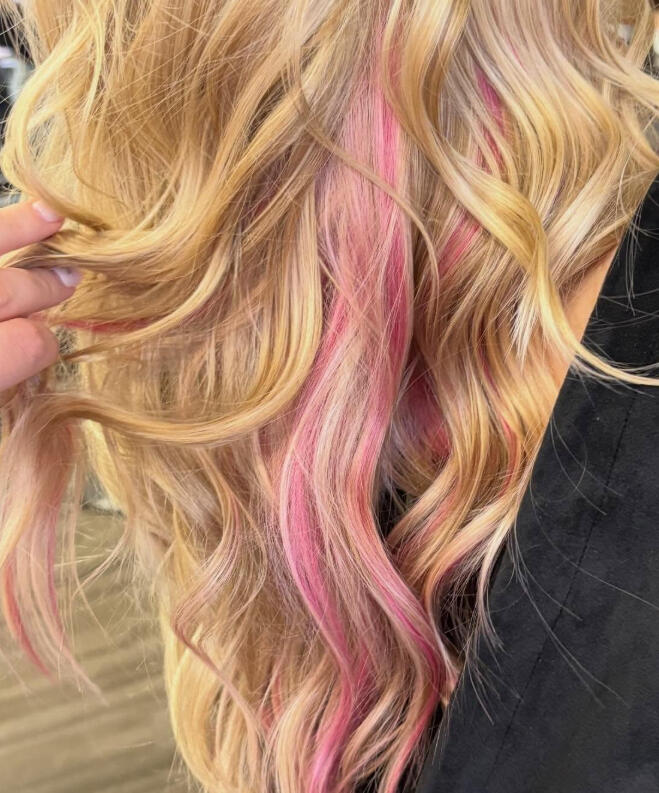 pops of hot pink on pre-lightened hair for one of my classmates